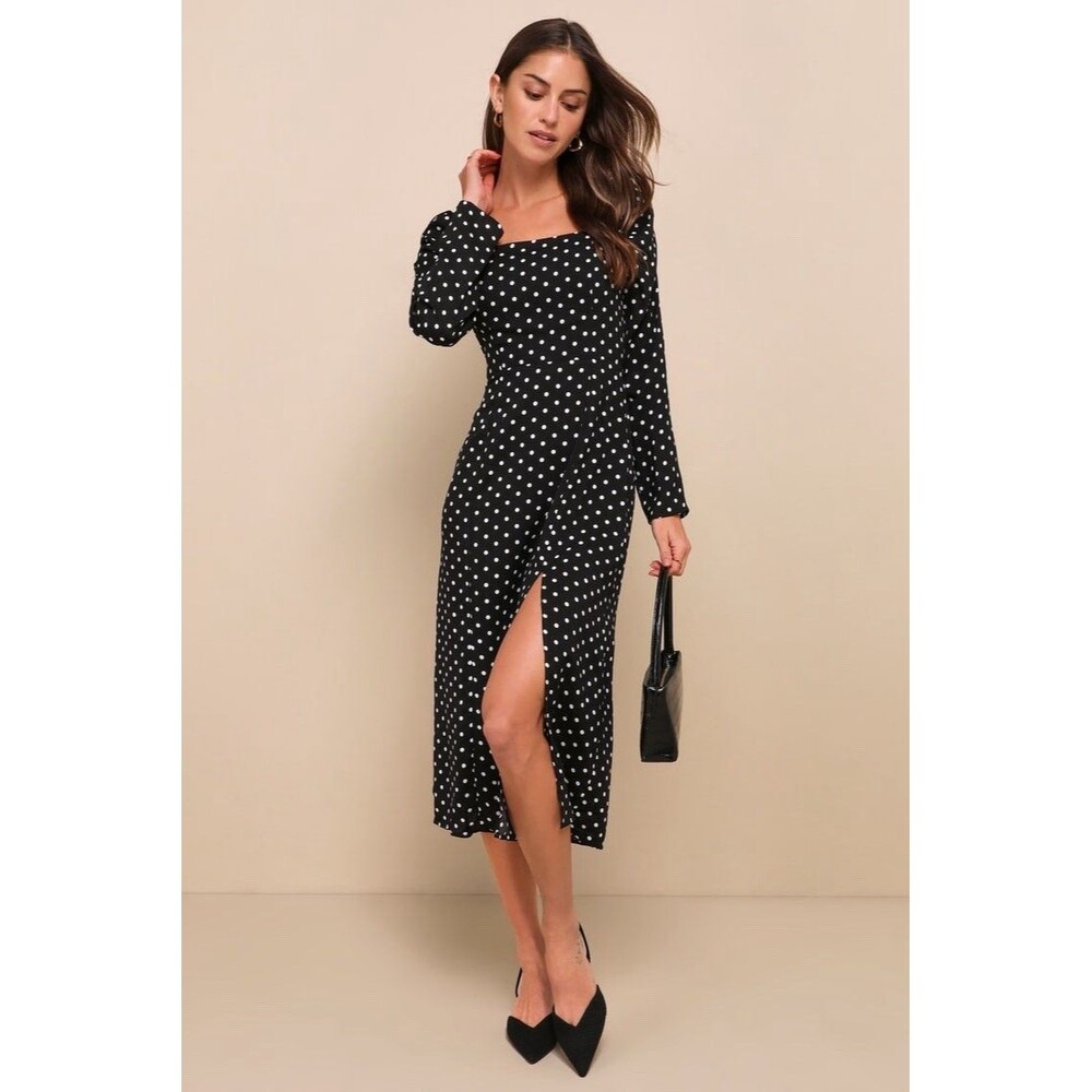 Lulus Charmed and Classy Polka Dot Long Sleeve Midi Dress Black - Size Large